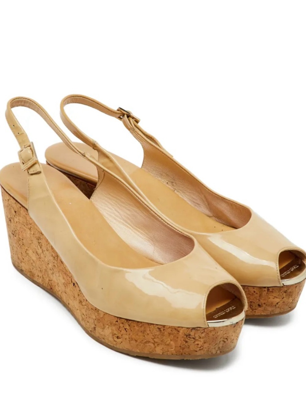 Jimmy Choo Patent Cork Wedge Slingback Peep-Toe Sandals